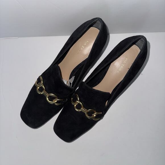 Vis Spiga Women’s Black Suede Block Heel Loafers Size 7 Chain Detail Slip On - Picture 2 of 11